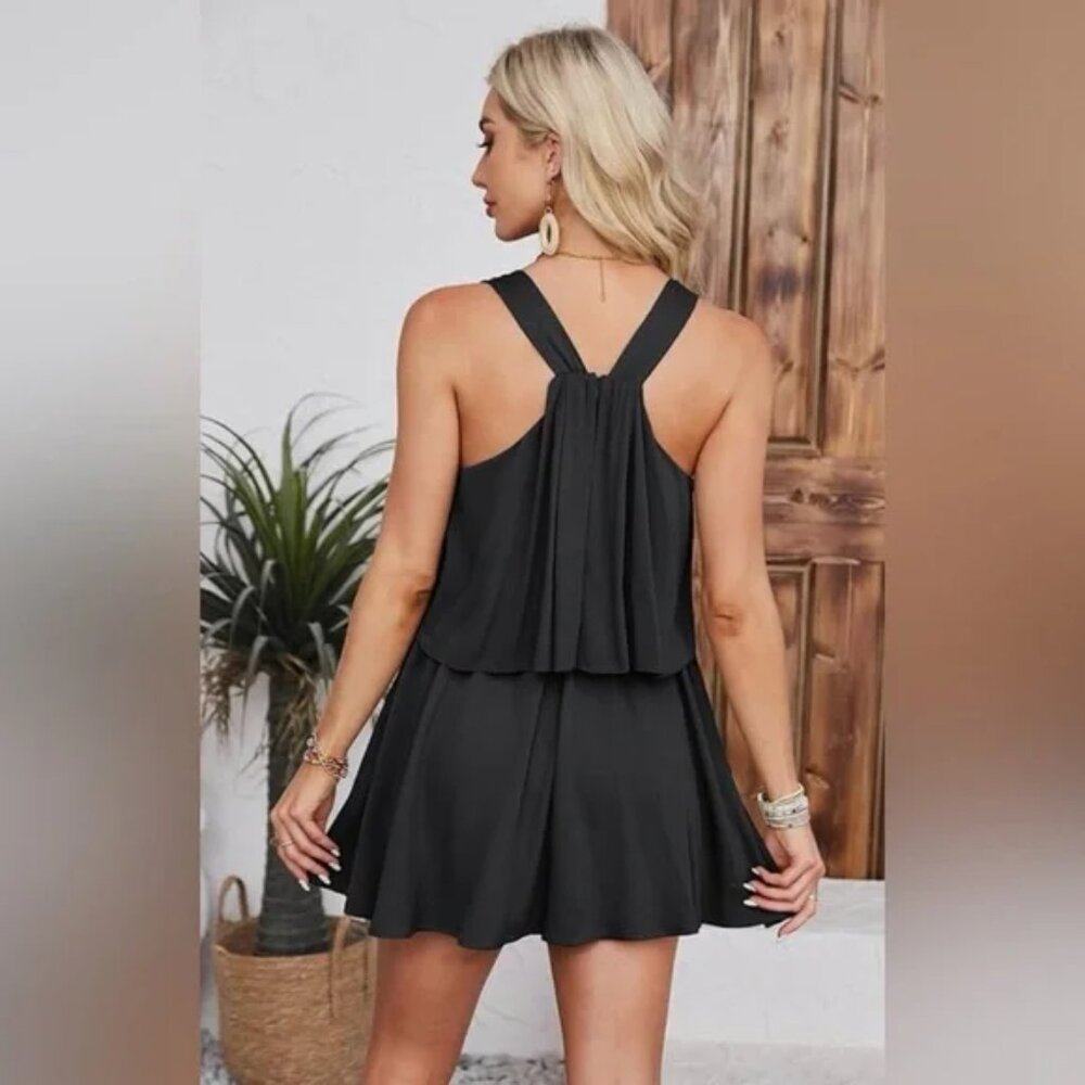 NWT Grace Karin Black Tiered Sleeveless Romper Womens Medium Linen Blend - Picture 2 of 7